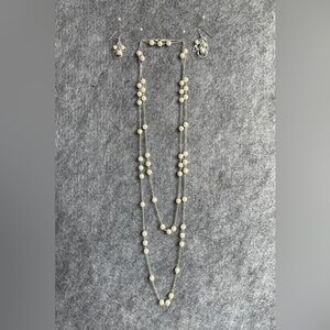 60” long pearl spaced & silver link necklace with matching earrings.